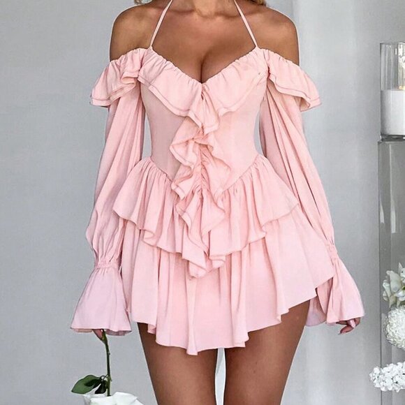 Pants - Pink Sexy Women's Ruffled Bodycon Halter Top Jumpsuit